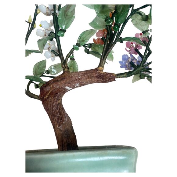 Vintage Jade Gemstone Bonsai Tree Pink White Flowers Glass Leaves 9" Pot - Picture 10 of 11